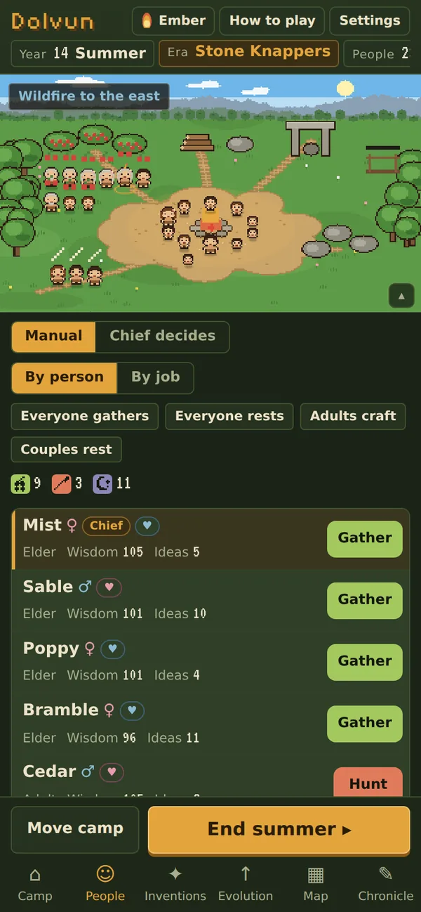 Dolvun on a phone: the camp scene above the list of tribe members and their jobs